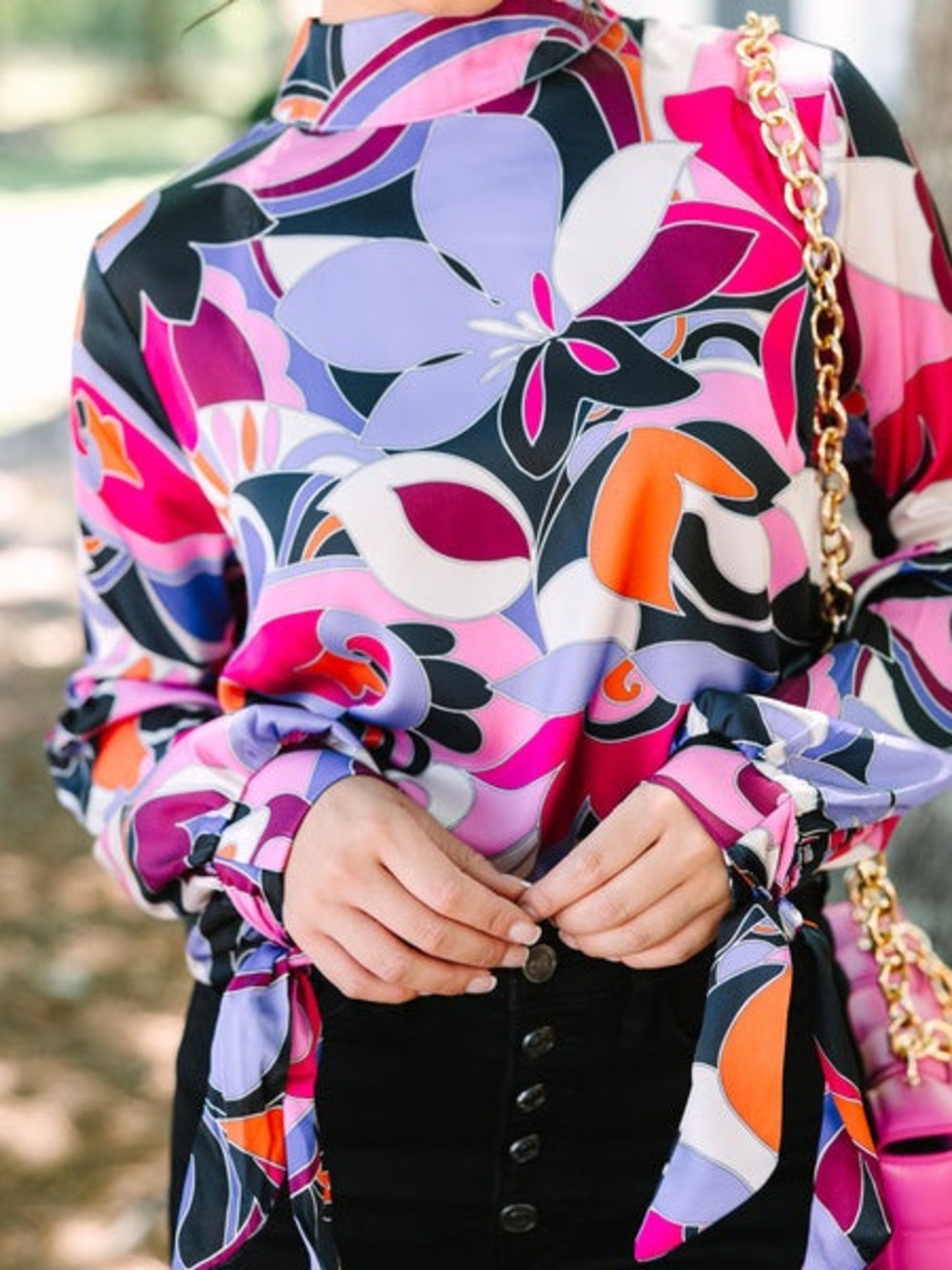 Fate Vibrant Floral Tie-Sleeve Blouse in Pink, Lavender & Orange